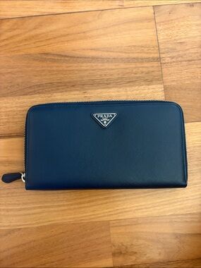 Prada Navy Saffiano Zip Wallet with Triangle Logo
